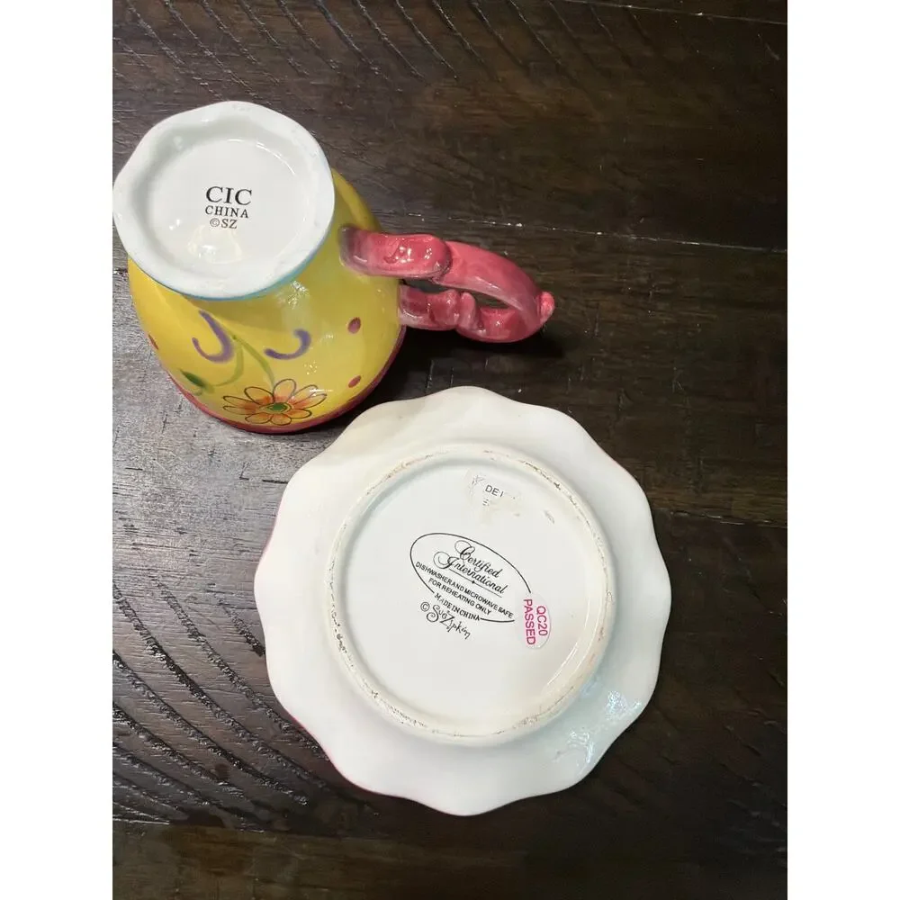 Certified International CIC Floral Cup Saucer Set Colorful Whimsical Ceramic